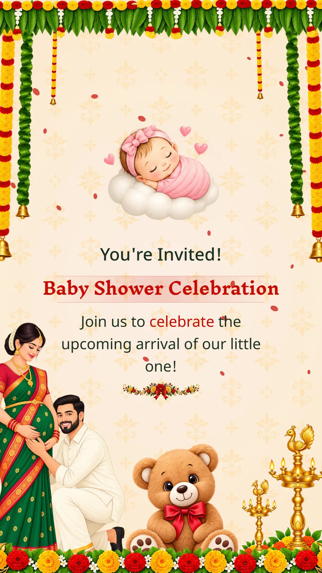 Cream traditional Godh Bharai video invitation with marigold garlands, bells, sleeping baby and Indian couple