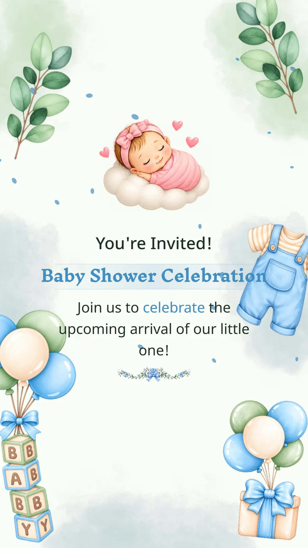 Cute blue pink baby shower invitation video with balloons, baby clothes, blocks and sleeping baby