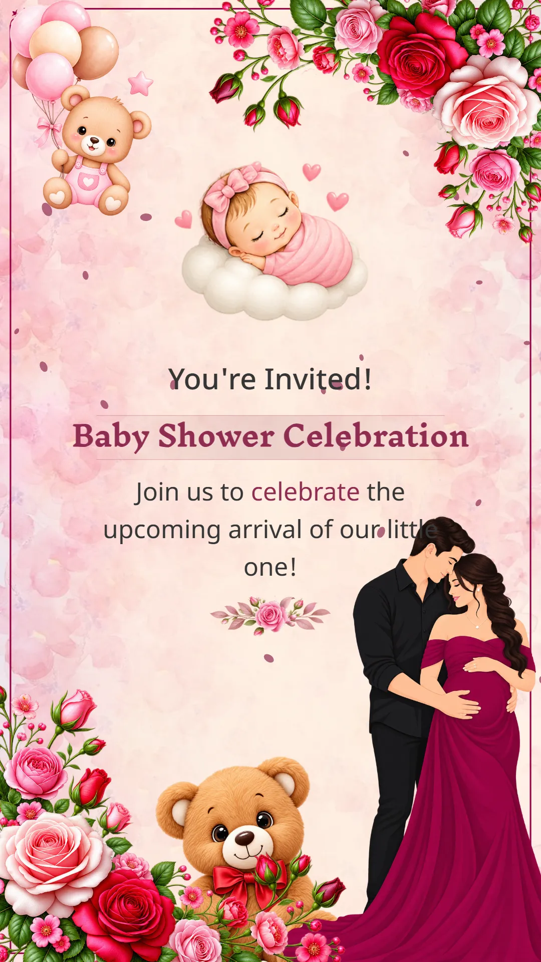 Floral baby shower video invitation template with sleeping baby, teddy bear, roses and illustrated couple