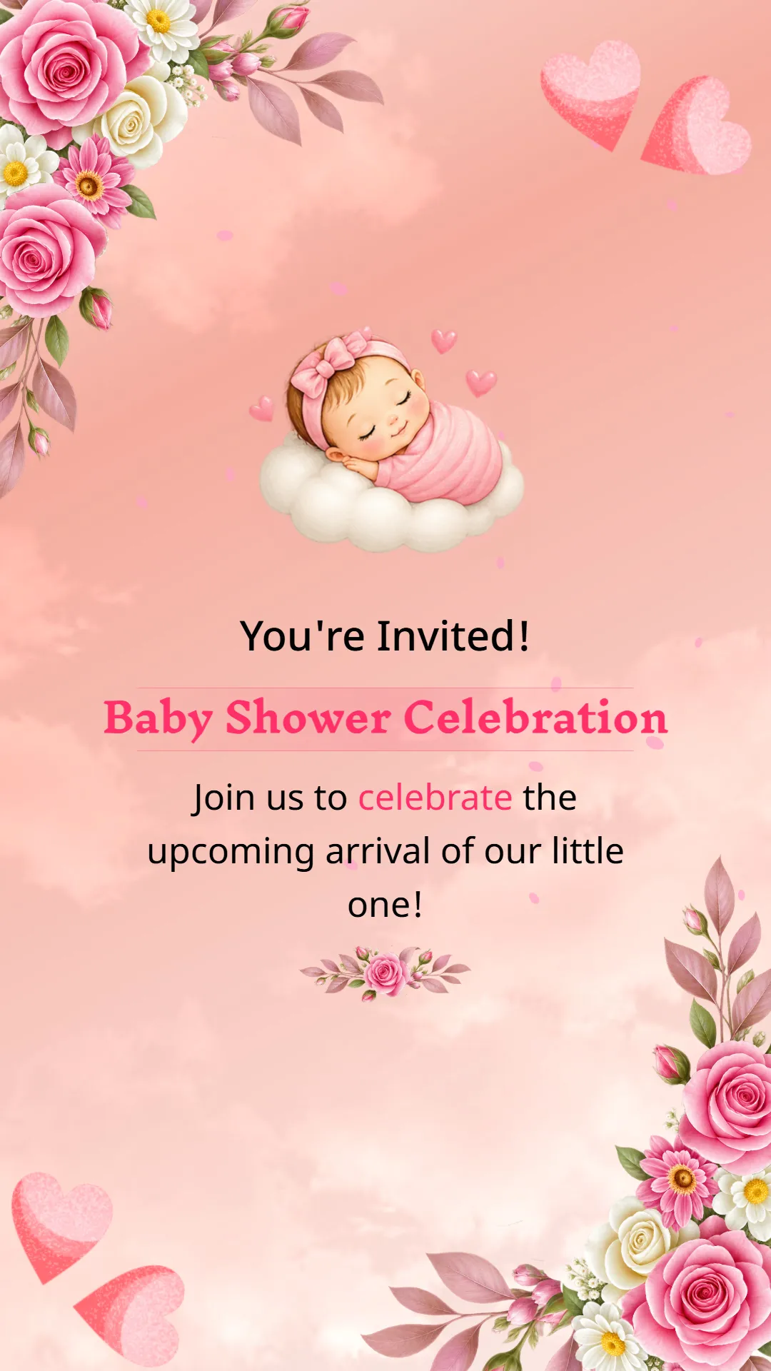 Peach pink floral baby shower video invitation template with sleeping baby and heart decorations