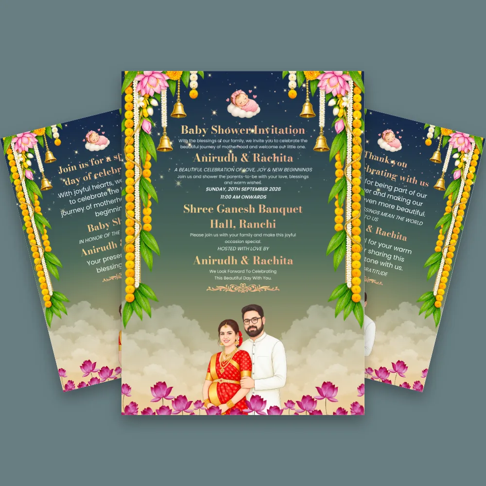 Navy blue baby shower invitation card with colorful floral border, hanging garlands and elegant couple illustration