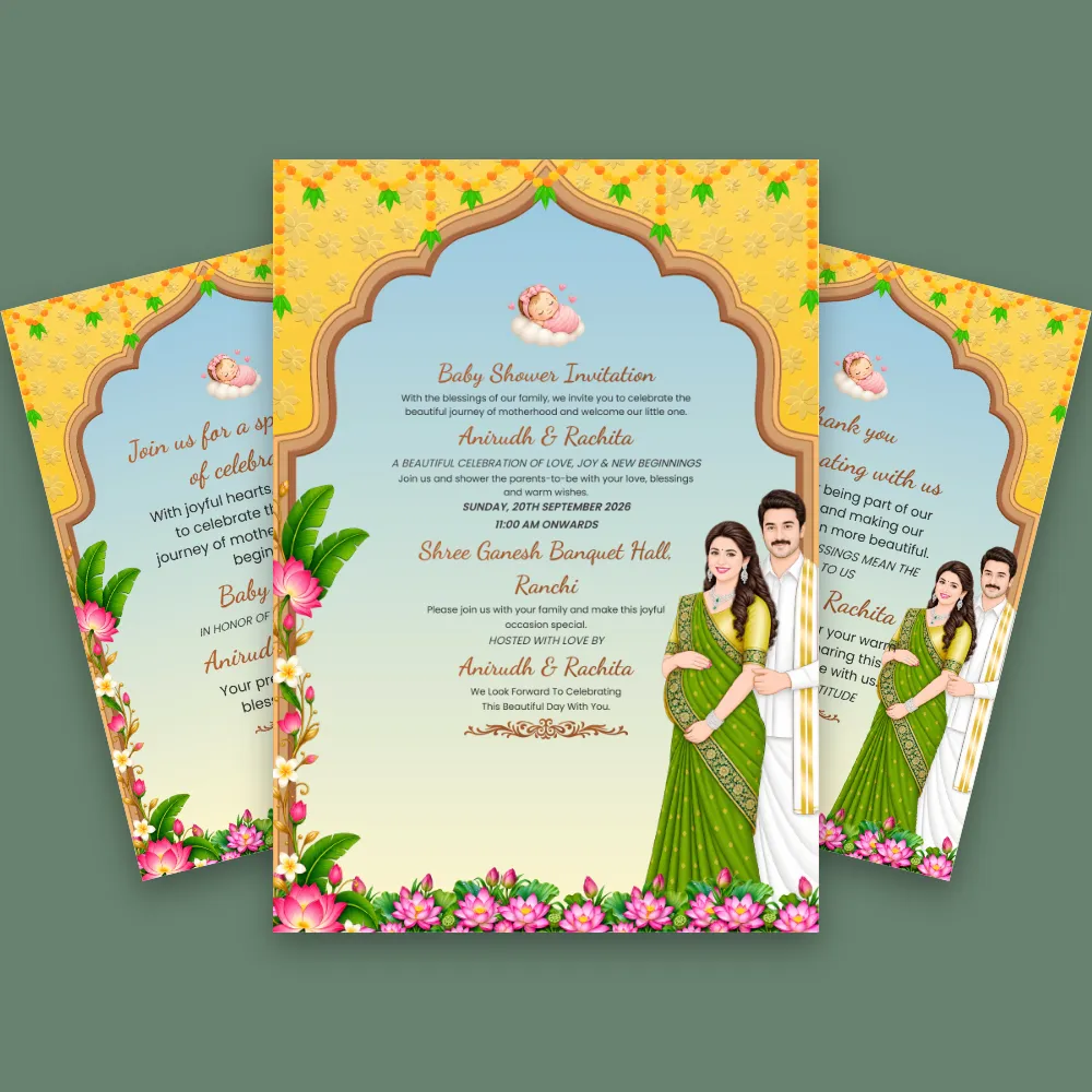 Pastel blue baby shower invitation card with soft floral border, arched decorative frame and elegant couple illustration