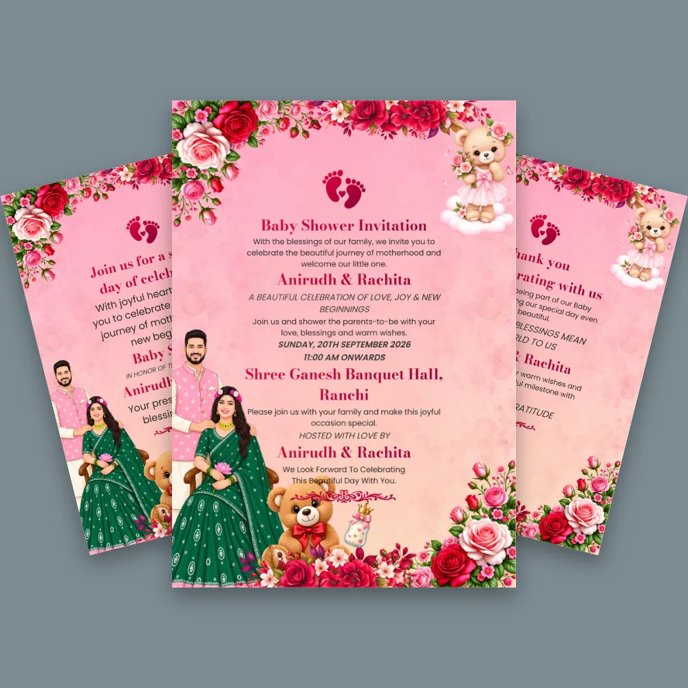 Pink floral baby shower invitation card with rose decorations, elegant border and traditional couple wearing colorful Indian attire
