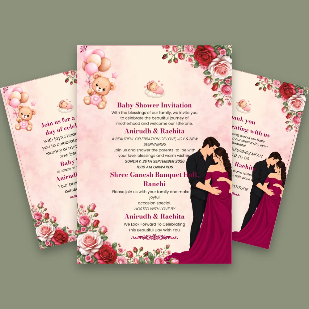Pink baby shower invitation card with rose flower decorations, soft floral corners and elegant mother-to-be illustrations