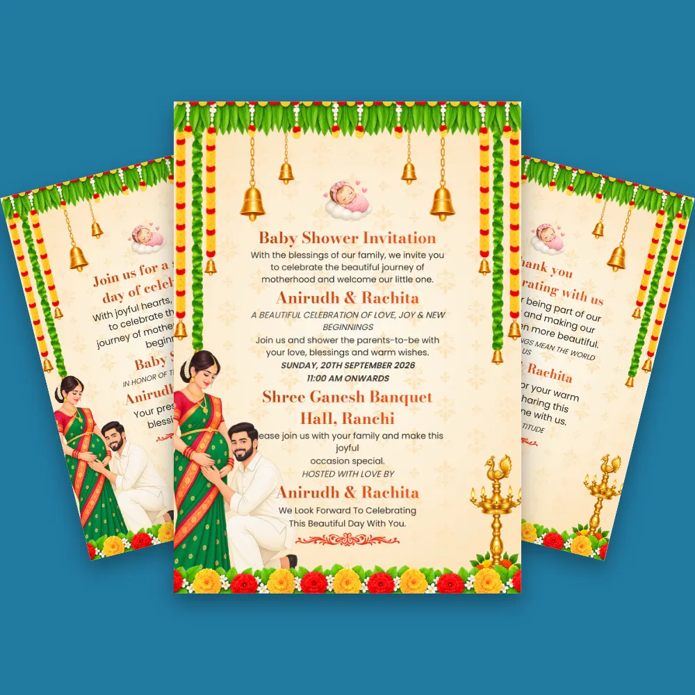 Traditional baby shower invitation card with teal and orange accents, hanging garlands, floral decorations and couple illustration
