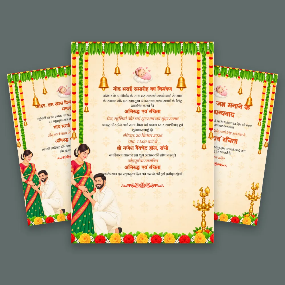 Green and cream Hindi baby shower invitation card with marigold garlands, colorful floral border, and traditional couple illustration