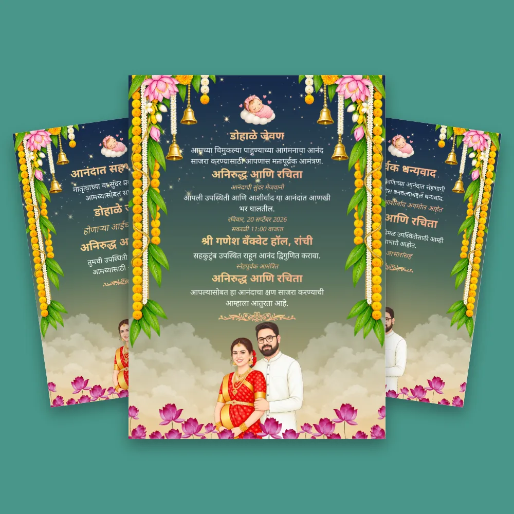 Dark teal Marathi dohale jevan invitation card with gold hanging decorations, pink flowers, elegant Marathi text, and a traditional couple illustration