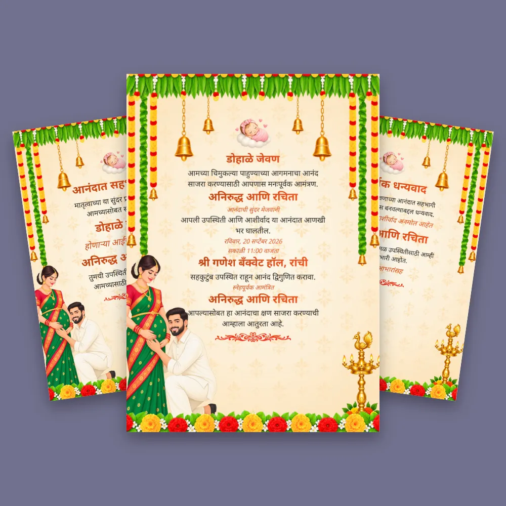 Cream Marathi baby shower invitation card with orange marigold garlands, green borders, festive floral motifs, Marathi text, and traditional couple illustration