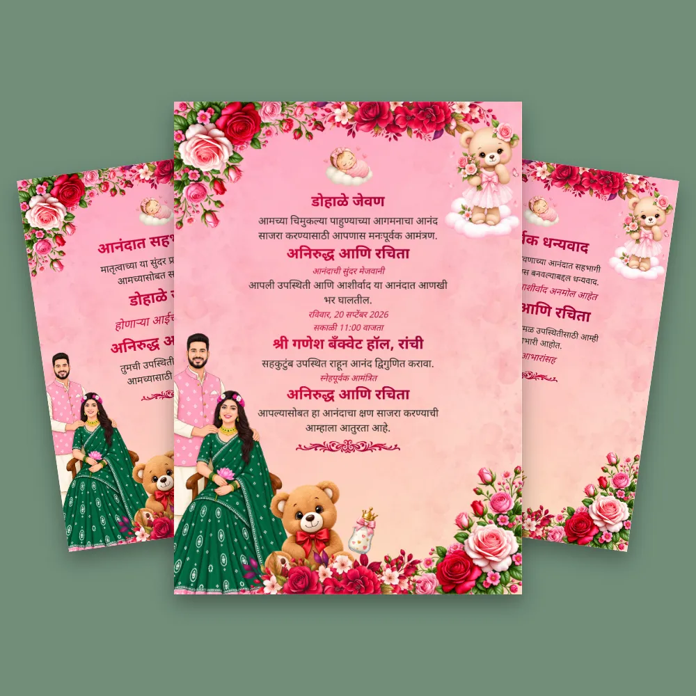 Pink floral Marathi baby shower invitation card with rose decorations, traditional family illustrations, Marathi ceremony wording, and a playful teddy bear motif